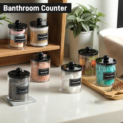 6 Pack Acrylic Qtip Holder Dispenser for Cotton Swabs, Balls, Pads, Floss - Plastic Canister Apothecary Jar Set, Bathroom Essentials Accessories Decor Vanity Makeup Storage Organizer - Clear & Black