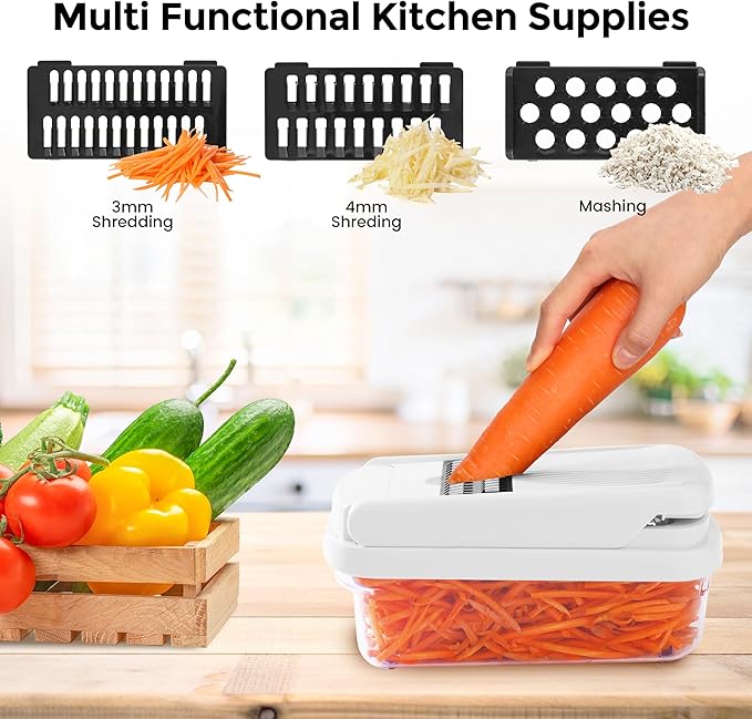 Vegetable Chopper,12-in-1 Multifunctional Food Chopper,Professional Onion Chopper with 7 Blades,Vegetable Cutter with Container for Salad,Potato,Carrot,and Garlic; Essential Kitchen Tool (White)