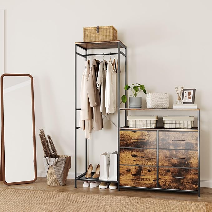 Heavy Duty Garment Rack with Fabric Drawers and LED Light, Freestanding Portable Closet Wardrobe Systems with Shelves for Bedroom, Entryway, Apartment