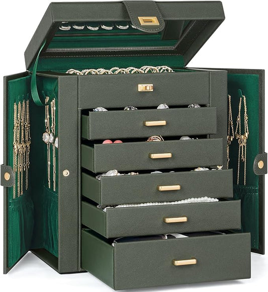 AKOZLIN 6-Tier Jewelry Box Organizer Functional 5 Drawers Leather Jewelry Storage Case for Women Girls Ring Necklace Earring Bracelet Holder Organizer with Mirror Medium Dark Green