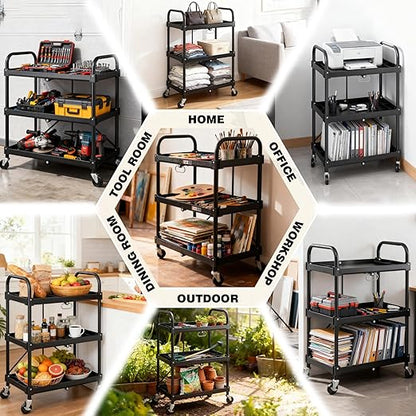 DUMOS 3-Tier Folding Utility Cart, Collapsible Service Cart with 4 Swivel Wheels & Brakes, 120LBS Capacity & Collapsible Storage Rolling Cart for Kitchen, Office, Garden, Garage, Black