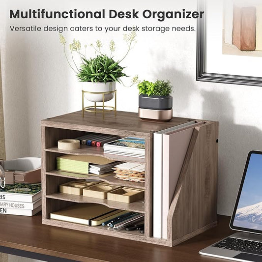 Creso hom Mail Sorter, File Organizer Desktop, Wood Desk Organizer with 3 Adjustable Shelves, Mail Holder for Office, Home, Letter Sorter File Holders for Envelopes, Mail Supplies Magazines, Greige
