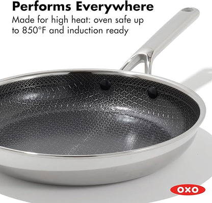 OXO Hybrid 10” Nonstick Stainless Steel Frying Pan, Durable PFAS-Free Ceramic Skillet, Stay-Cool Handle, Induction & All Cooktop Compatible, Dishwasher Safe, Mirror Polished Tri-Ply