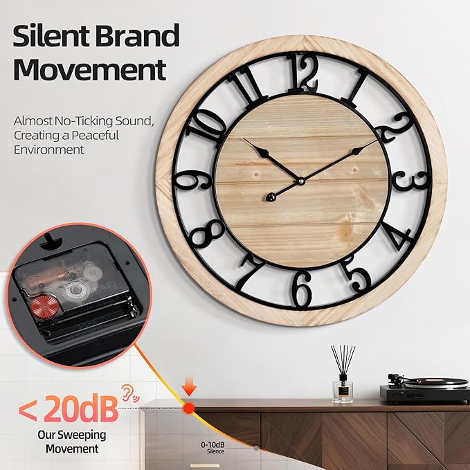 LEIKE 30 Inch Extra Large Wall Clock - Rustic Wooden Nearly Silent Wall Clock with Black Metal Frame, Vintage Farmhouse Decorative for Living Room, Bedroom, Kitchen - Arabic Numerals, Modern Design
