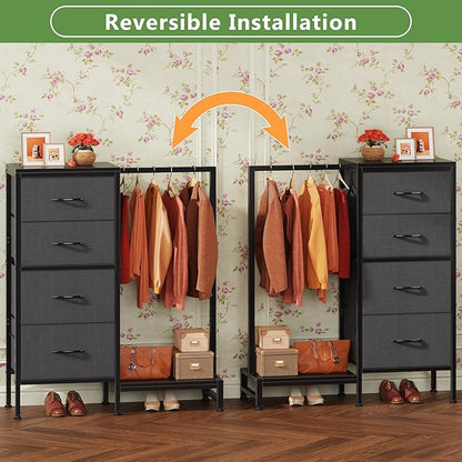 Dresser with Hanging Rack, 4 Drawers Small Closet for Bedroom, Reversible Fabric Kids Chest of Drawers with Clothes Rack, Tall Storage Tower, Sturdy Frame, Grey, 44''H