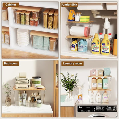 Criusia 3 Set Pantry Organizers and Storage with Bamboo Lids, Stackable Clear Bins for Onion, Potato, Fruit, Vegetables, Trash Bag Dispenser, Kitchen and Under Sink Organizer
