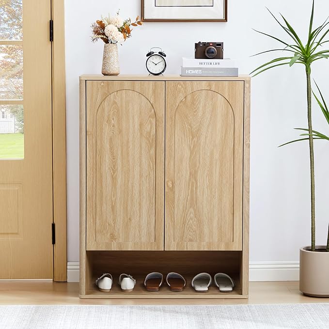 Shoe Cabinet, 5 Tier Wooden Shoe Storage Organizer Cabinet with Adjustable Shelves, Shoes Rack Accent Cabinet for Entryway Hallway Living Room, Natural