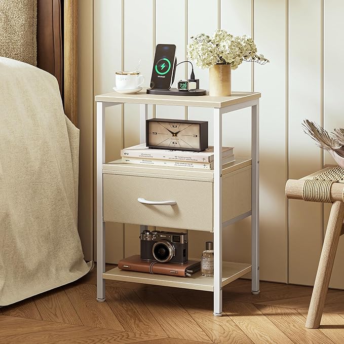 SUPERJARE Nightstand with Charging Station, Bed Side Table with Adjustable Fabric Drawer, Night Stand for Bedroom, 3-Tier Storage End Table, for Living Room, White Maple