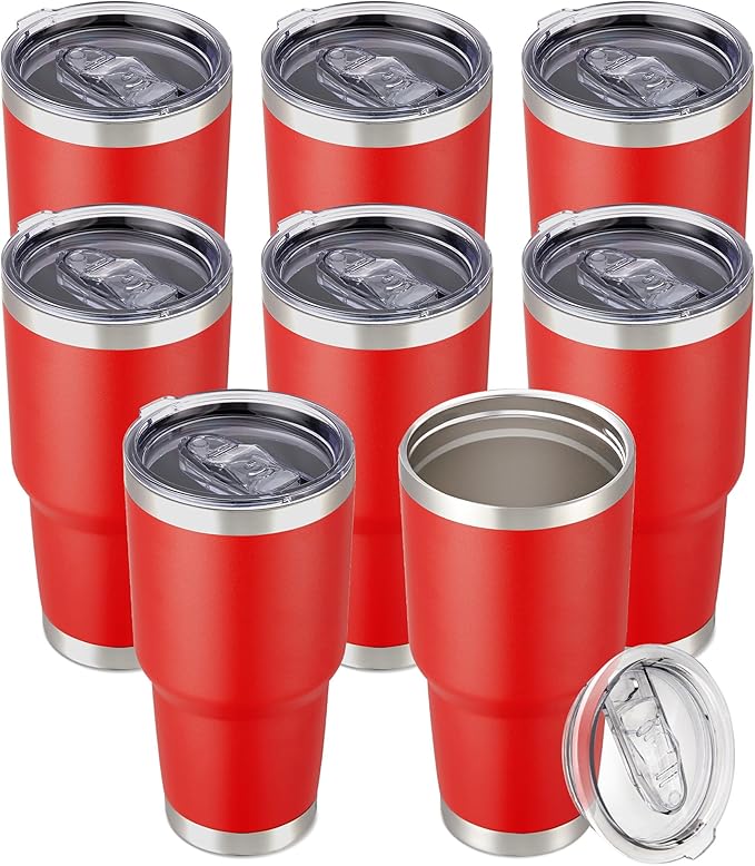30 oz Tumbler with Lid Stainless Steel Tumblers Bulk Vacuum Insulated Cup Reusable Powder Coated Travel Mug Double Wall Leak Proof Cups Keep Cold Drinks for 12 Hours Wine Red, Set of 8