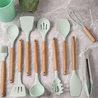 KSENDALO 12-Piece Silicone Kitchen Utensil Set with Holder - Wooden Handle, Heat Resistant Non-Stick Cooking Tools for Baking, Frying & Stirring (Aqua)