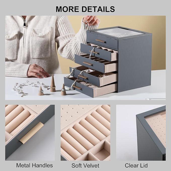 Frebeauty Clear Lid Jewelry Box,5-Layer Jewelry Organizer with Drawer,PU Leather Jewelry Organizers and Storage,Jewelry Boxes for Women,Jewelry Storage for Rings Earring Stud,Gift for Women(Grey)