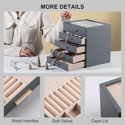 Frebeauty Clear Lid Jewelry Box,5-Layer Jewelry Organizer with Drawer,PU Leather Jewelry Organizers and Storage,Jewelry Boxes for Women,Jewelry Storage for Rings Earring Stud,Gift for Women(Grey)