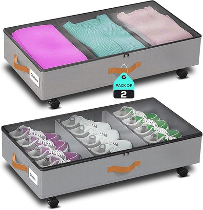 Under Bed Storage with Wheels, 2 Pack (36L Each)| Low Profile Storage Organizer with Clear Window, Double Zipper & 360° Locking Wheels – Rolling Metal Drawer for Clothes, Shoes, & More (Gray)