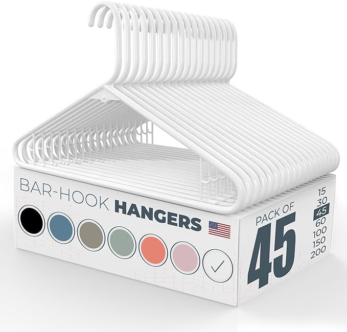 Neaties Plastic Hangers 45 Pack – Made in The USA – 6lb Capacity Standard Clothes Hangers with Strap Hooks for Dresses, Lingerie, Shirts, Pants, and Jackets – White
