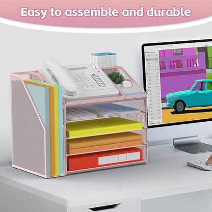DocNest 5 Tier Paper Letter Tray File Organizer, Mesh Desk File with Handle, Workspace Desk Organizers with Pen Holder, Office Organization Storage Accessories - Pink