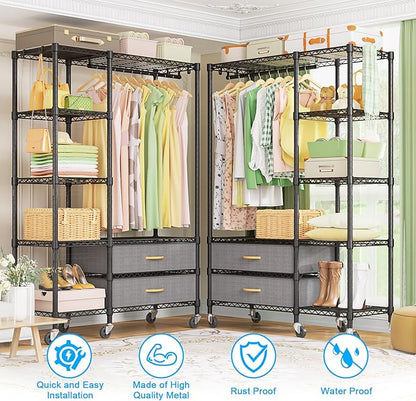 Ulif F3R Heavy Duty Clothes Rack（With Lockable Wheels）Freestanding Clothing Racks for Hanging Clothes，Adjustable Closet Organizer System，Portable Garment Rack 40"W x 15"D x 74"H，Max Load 700LBS，Black