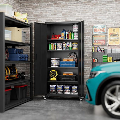 Garage Storage Cabinet with Wheels, Metal Storage Cabinet with 4 Adjustable Shelves and Lockable Doors for Garage Home Utility Room,Required Assembly,Black,73" H×31.57" W×15.71" D