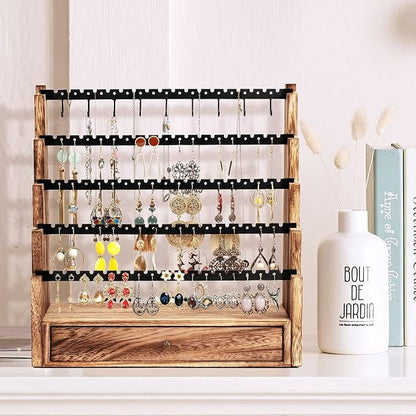 Pinzoveco Earring Organizer, 5 Layer Earring Holder Organizer with Necklace Holder Pole, Rustic Wood Jewelry Organizer Stand Display for Stud Earring Bracelet Necklace Ring, 175 Earring Holes