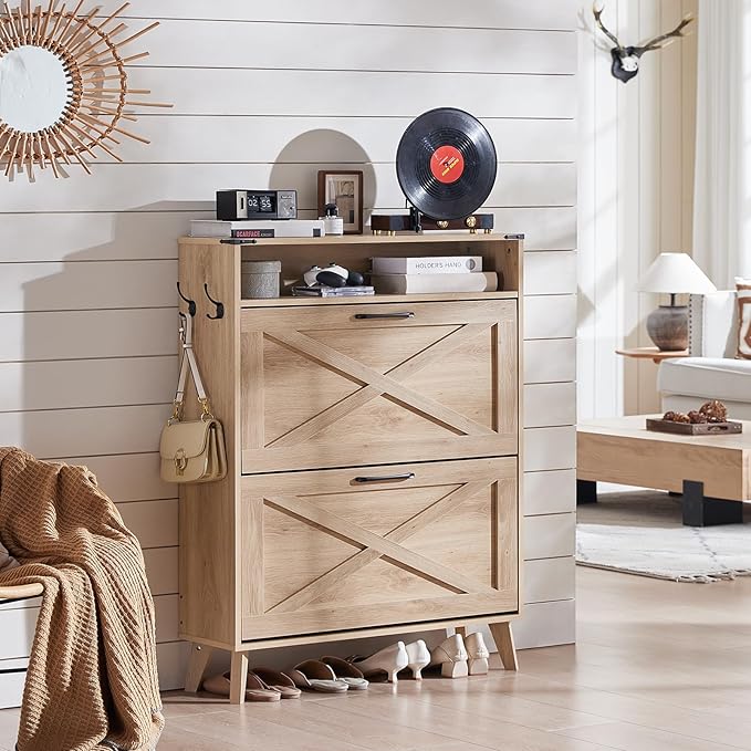 Shoe Storage Cabinet with 2 Flip Drawers, Boho Shoes Organizer for Entryway, Narrow Hidden Shoe Rack with Wood Legs & Open Storage, Free Standing Shoe Closet for Foyer, Hallway, Natural Oak