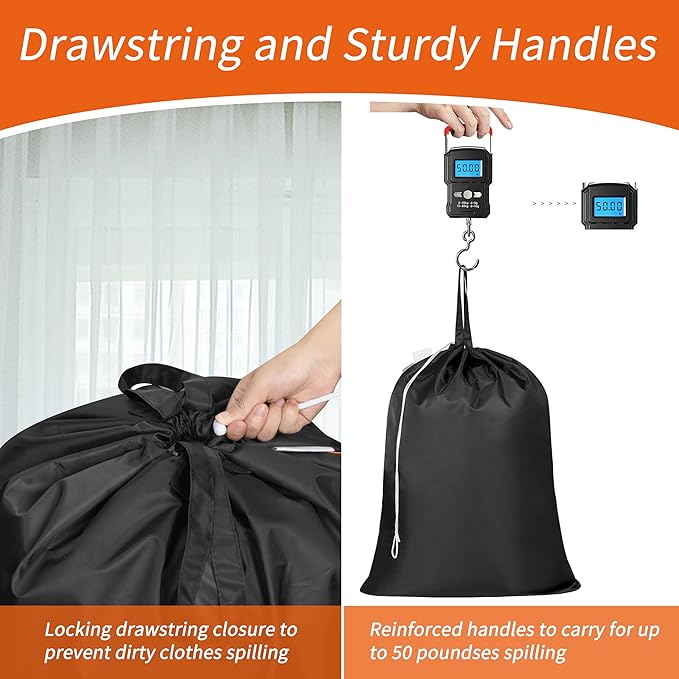 Polecasa Extra Heavy-Duty Laundry Bag 28x36”- Machine Washable Large Storage Bag with Reinforced Handles & Drawstring Closure & ID Tag for College Dorm Travel -Black