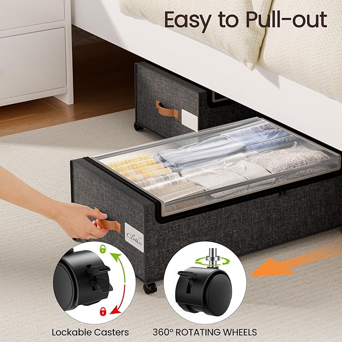 Yecaye 95 L Under Bed Storage with Wheels, 11 in Under Bed Storage Containers, Large Under Bed Shoe Storage with Lids, Rolling Underbed Storage bins for Clothes, Blankets, Gray