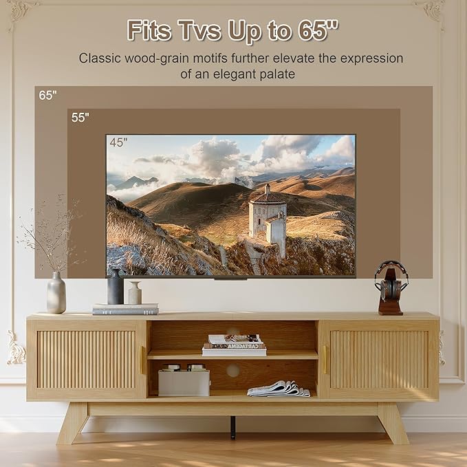 ChooChoo 59.5" Fluted TV Stands for 65 Inch TV, Mid Century Modern Entertainment Center with Storage and Adjustable Shelf, Long TV Console Media Table for Living Room, Bedroom, Natural Oak