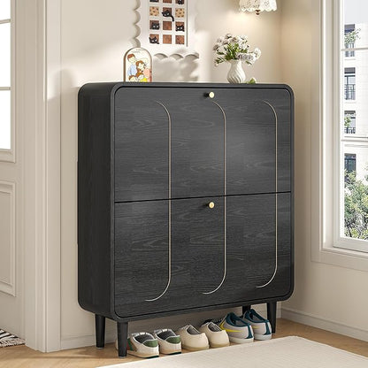 Narrow Shoe Storage Cabinet for Entryway with 2 Flip Drawers, Curved Shoe Cabinet with Arched Stripe Panel, Freestanding Hidden Shoe Organizer Closed for Foyer, Hallway (Black, 31.5 inches)