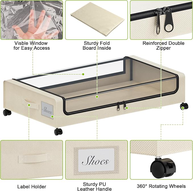 Tututry Under Bed Storage with Wheels, XXL 60L Under the Bed Storage Bins, Underbed Storage Containers with Lids & Label, Rolling Metal Drawer for Shoes, Clothes, Books, Toys (4-Pack Beige)
