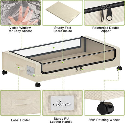 Tututry Under Bed Storage with Wheels, XXL 60L Under the Bed Storage Bins, Underbed Storage Containers with Lids & Label, Rolling Metal Drawer for Shoes, Clothes, Books, Toys (4-Pack Beige)