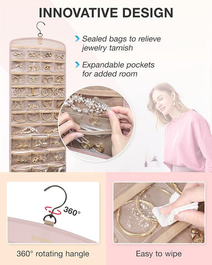 BAGSMART Hanging Jewelry Organizer, Necklace Holder Anti-tangle Earrings Rings Hanger with 20 Jewelry Bags Travel Storage Roll with Pockets Hang on Closet, Wall, Door,1 Piece, Large Pink