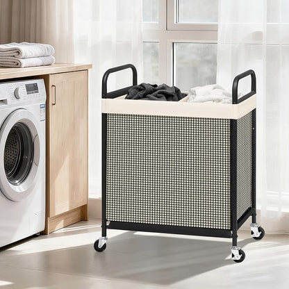 STORAGE MANIAC Rolling Laundry Hamper with Wheels 2-Section Laundry Sorter Rolling Laundrys Basket on Wheels with Removable Bag Clothes Hamper Laundrys Organizer Cart Bathroom Bedroom 100L Beige