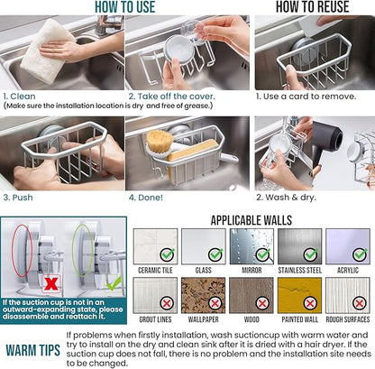TAILI Sponge Holder for Kitchen Sink with Strong Suction Cup Removable, Rustproof Aluminum Sink Caddy for Sponge, Brush, Scrubber, Scraper -Silver