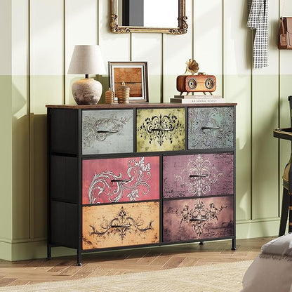 WLIVE 7 Drawer Dresser TV Stand, Entertainment Center, Media Console Table with Metal Frame and Wood Top for TV up to 45 inch, Chest of Drawers for Bedroom, Living Room, Pattern