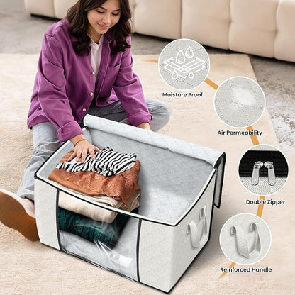 Fab totes 24 Gallons Clothes Storage, Foldable Thick Fabric Blanket Storage Bags, Containers for Organizing Bedroom, Closet, Clothing, Comforter, Organization with Handle (3 Pack,Ivory)