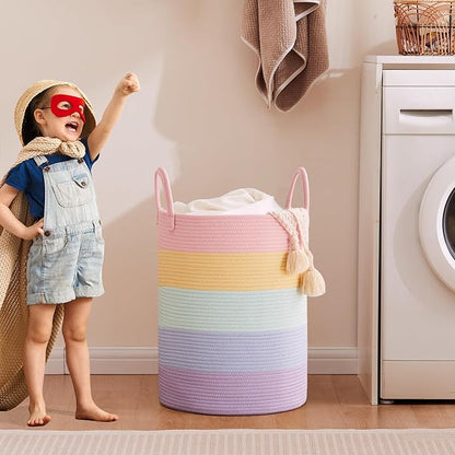 15Dx20H inches Baby Girls Kids Hamper Rainbow Laundry Basket for Nursery Clothes Pastel Unicorn Woven Hamper in Playroom Bedroom 60L Large Tall Blanket Basket for Toy Storage