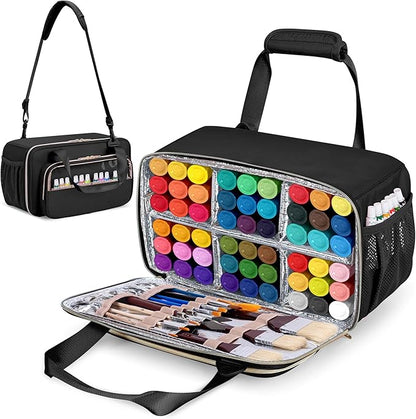 Prokva Acrylic Paint Organizer Case for 54 Bottles (2 oz), Craft Paint Storage Organizer with Shoulder Strap, Paint Bottle Organizer Bag with Brush Storage, Black