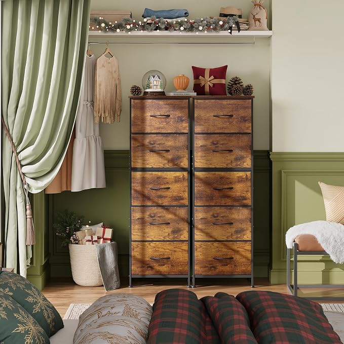 WLIVE Fabric Dresser for Bedroom, 5-Drawer Tall Dressers, Storage Organizer with Fabric Bins, Wood Top, Sturdy Steel Frame, Chest of Drawers for Closet, Hallway, Rustic Brown Wood Grain Print