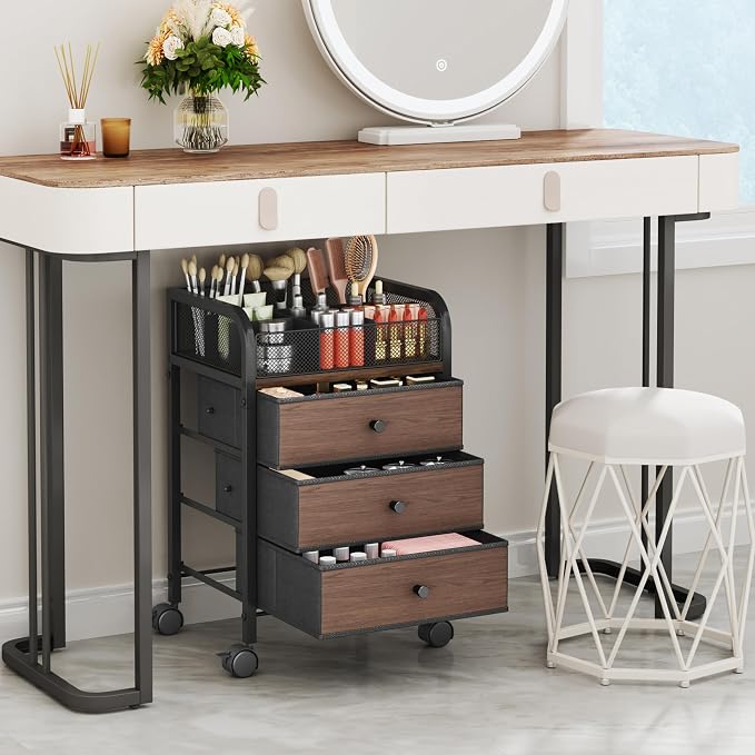 SWTYMIKI Rolling Makeup Organizer Cart - 14.96″*11.81″*23.03″ Widened Under Desk Vanity Storage with 3 Non-woven Drawers, Cosmetic Display Cases for Skin Care Perfume Nail Polish Brush Hair Tool Black