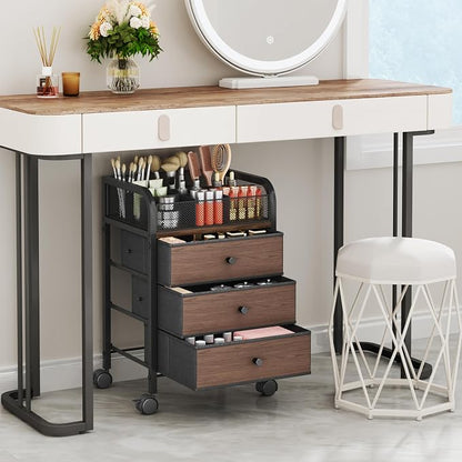 SWTYMIKI Rolling Makeup Organizer Cart - 14.96″*11.81″*23.03″ Widened Under Desk Vanity Storage with 3 Non-woven Drawers, Cosmetic Display Cases for Skin Care Perfume Nail Polish Brush Hair Tool Black