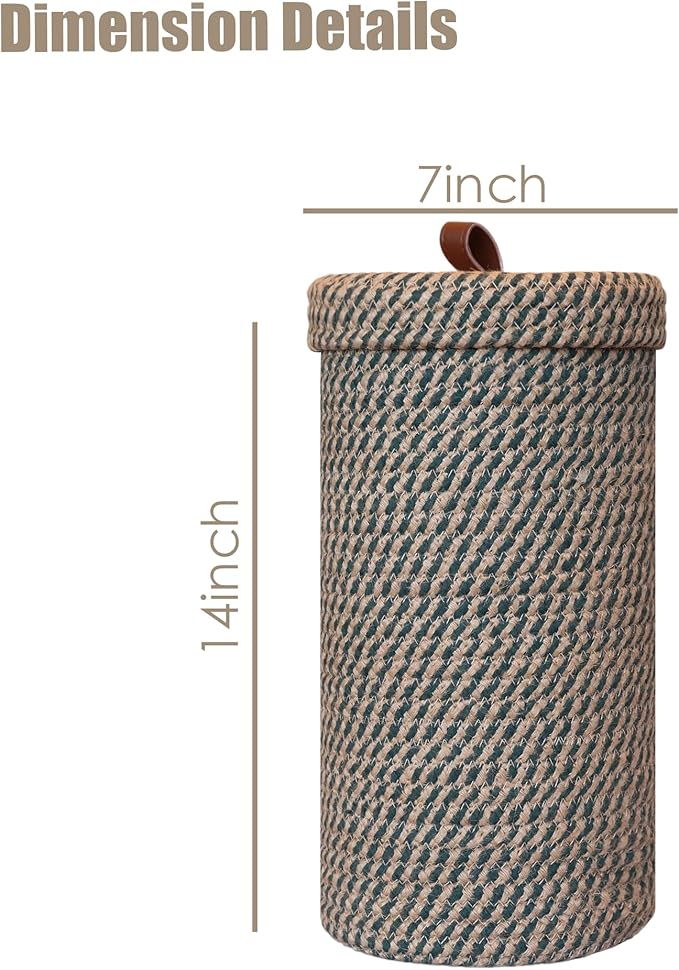 Handmade Cotton & Jute Toilet Paper Holder – Woven Toilet Paper Stand & Storage Basket with Lid, Freestanding Organizer for Bathroom, Fits 3 Rolls Green