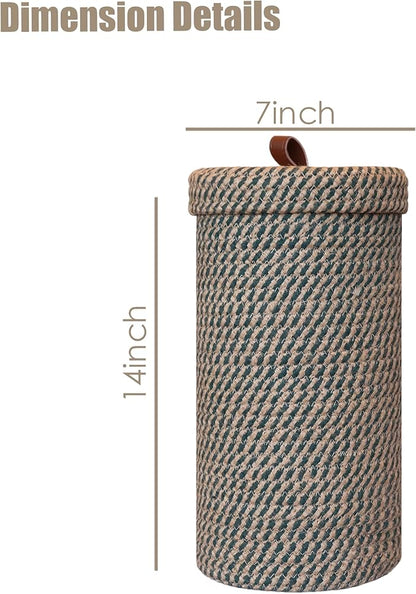 Handmade Cotton & Jute Toilet Paper Holder – Woven Toilet Paper Stand & Storage Basket with Lid, Freestanding Organizer for Bathroom, Fits 3 Rolls Green