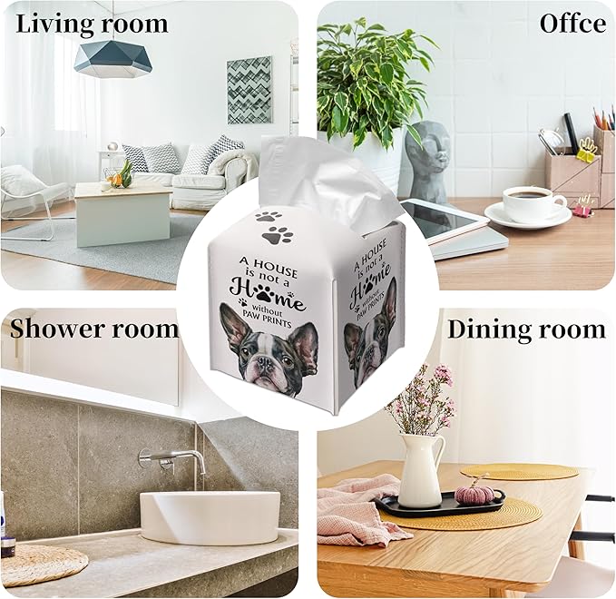 Grace Yonks Cute French Bulldog Tissue Box Cover Square, French Bulldog Dog Cube Case for Facial Tissues, 5.2" PU Leather(028)