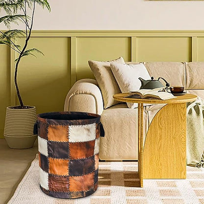 Cow Print Laundry Basket Funny Brown Cowhide Foldable Waterproof Oxford Cloth Tote Bag Laundry Hamper Round Large Clothes Storage Bucket Toy Organizer For Bathroom/Laundry Storage/Bedroom 18.9x16.5 In