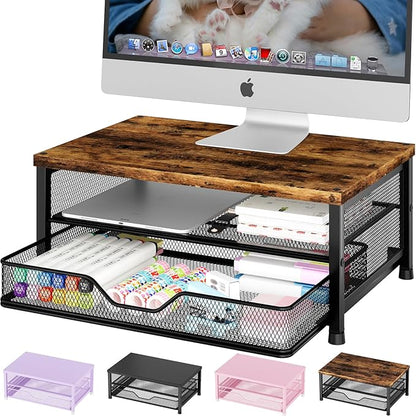 OPNICE Wood Computer Monitor Stand Riser, Desk Organizer with Drawer, Laptop Stand, Office Desk Accessories & Workspace Desktop Organizers Storage for Office Supplies(Brown)