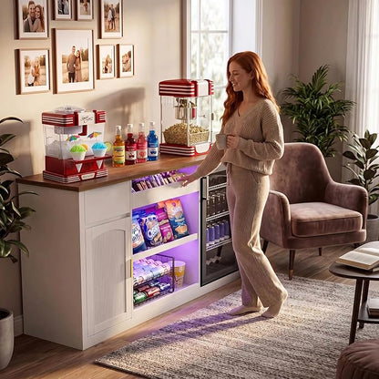 GDLF Snack Bar Cabinet with Fridge Space, 70.1" Snack Organizer with Storage and Candy Display Shelf, Coffee Station for Home Theater or Game Room with LED Lights, White
