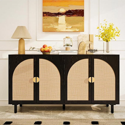 Black 4-Door Rattan Buffet Cabinet-Sideboard Buffet Cabinet with Storage, Accent Sideboard Cabinets-Wood Credenza with Cane Door, Boho Style Console Table for Dining Room & Living Room