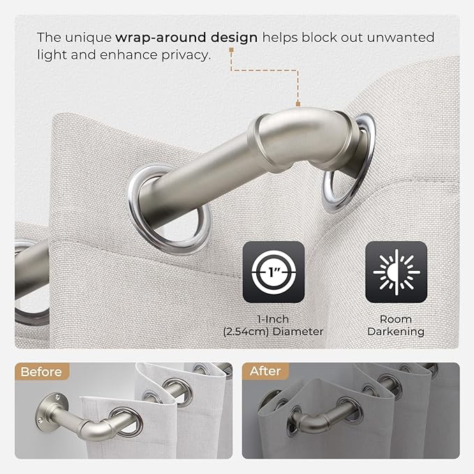Zeerobee Curtain Rods for Windows 48 to 84, 1 Inch Industrial Wrap Around Brushed Nickel Curtain Rod, Indoor/Outdoor Room Divider Adjustable Drapery Pole, 48"-86"