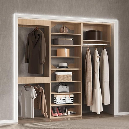 Modular Closet kit, 96in Wide Wardrobe Organizer - Tower Storage for Walk-In Closets, Wall-Mounted - Wooden Finish