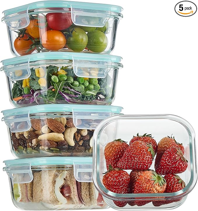Vtopmart 5Pack 17.5oz Glass Storage Containers with Lids, Glass Meal Prep Food Container Sets with Snap Airtight Lid for Microwave, Oven, Freezer and Dishwasher, Green