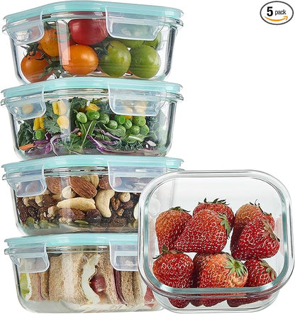 Vtopmart 5Pack 17.5oz Glass Storage Containers with Lids, Glass Meal Prep Food Container Sets with Snap Airtight Lid for Microwave, Oven, Freezer and Dishwasher, Green